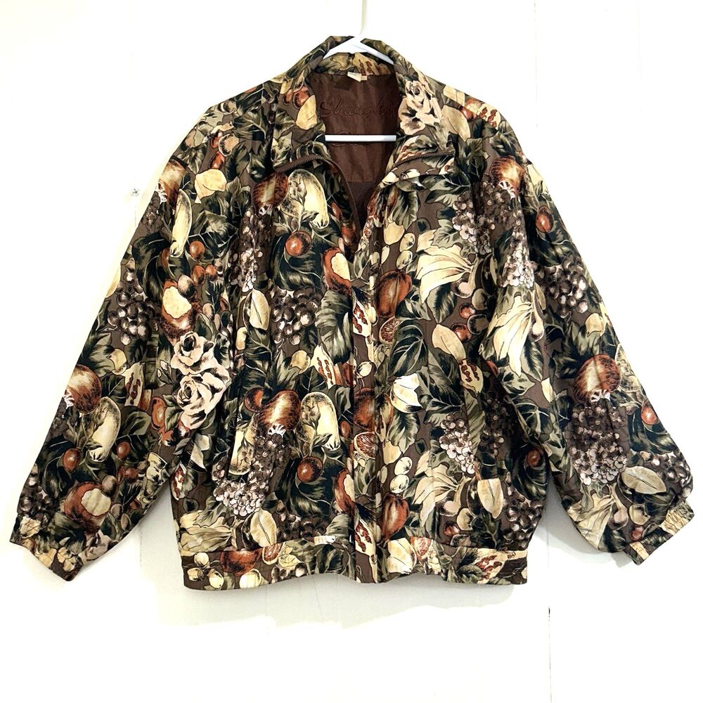 VTG Shanghai Silk Womens Jacket Bomber Size XL Brown Beige Floral Long Sleeve